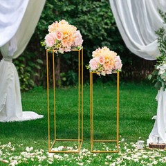 2Pcs Gold Flower Rack Metal Geometric Column Stand Wedding Backdrop Decor