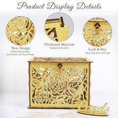 Glittery Gold Wedding Card Box with Lock Wooden Gift Card Box Wedding