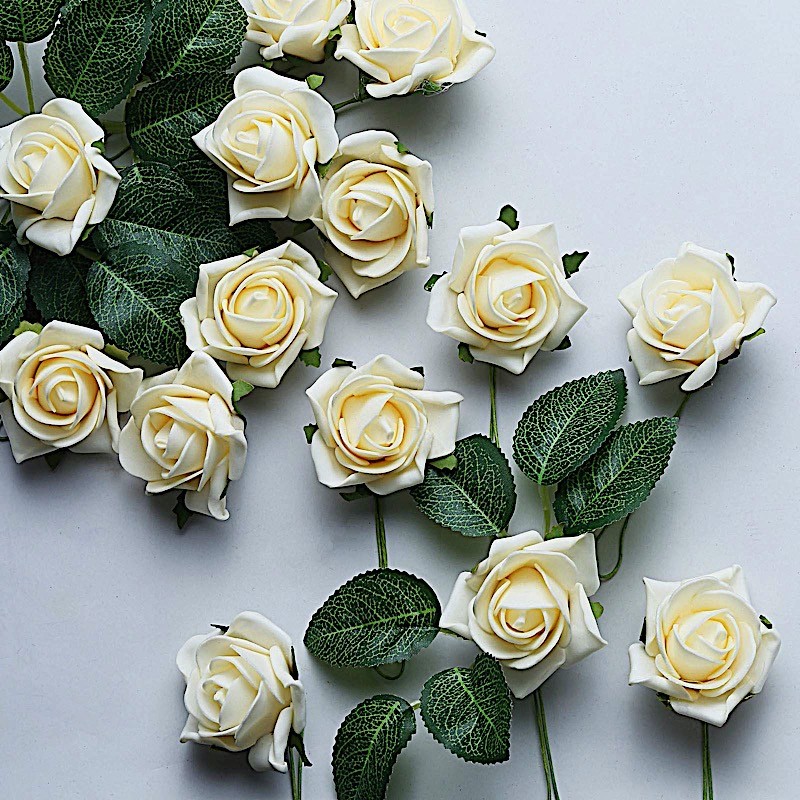 24 CREAM 2″ Mini FOAM ROSE Flowers Stems Wedding Events Decorations Supplies