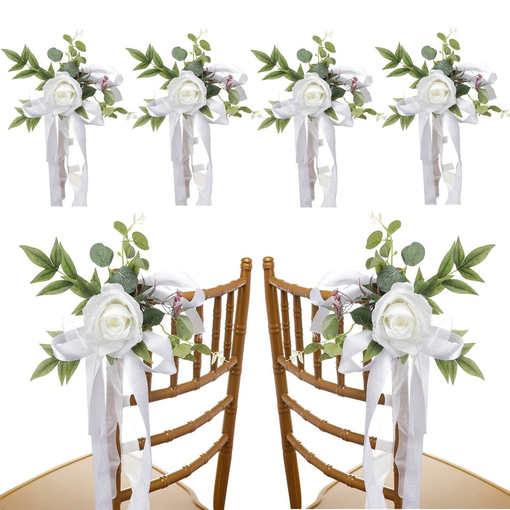 FQQWEE 6Pcs Wedding Aisle Chair Decorations White Rose Floral Wedding Chair B…