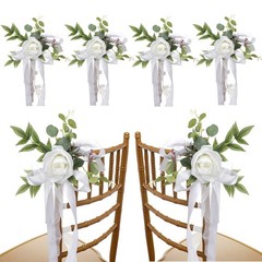 FQQWEE 6Pcs Wedding Aisle Chair Decorations White Rose Floral Wedding Chair B…