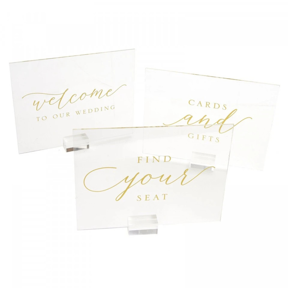 Set of 3 Clear & Gold Acrylic Wedding Signs