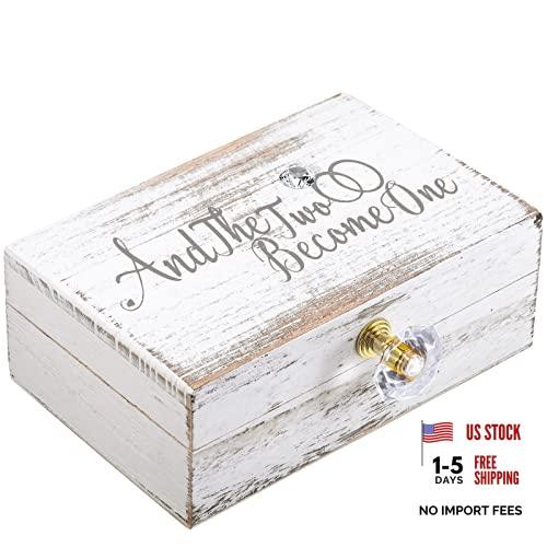 Wedding Ring Bearer Box and The Two Become One Mr. and Mrs. Diamond Ring White