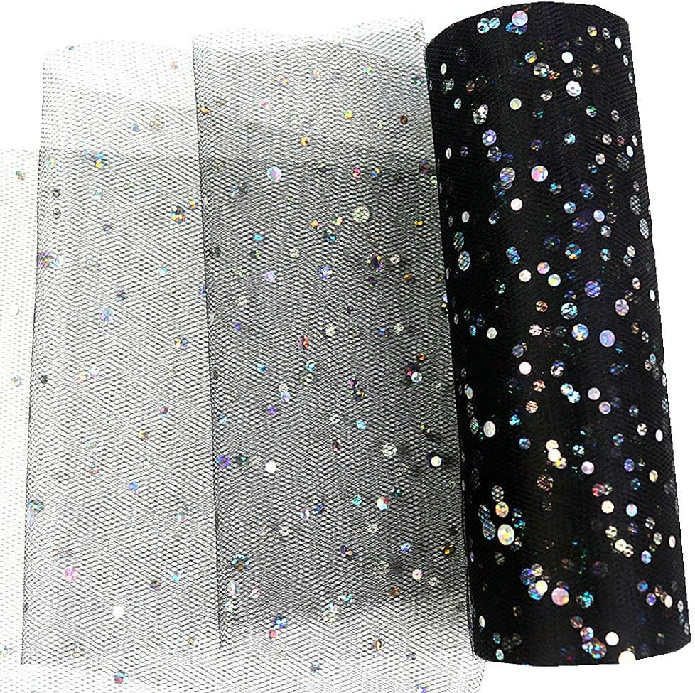 Laser Sequin Glitter Tulle Rolls 6 Inch X 10 Yards (30 Feet) Black Tulle Rolls F