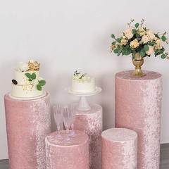 5 BLUSH Crushed Velvet Cylinder Display STAND COVERS Set Party Decorations