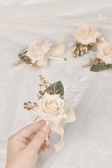 Champagne Rose Wrist Corsage Wristlet Band Bracelet and Men Boutonniere Set f…