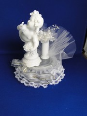New Vintage Adorable «Cherub with Lovewith Pedestal & white roses Cake Top #422