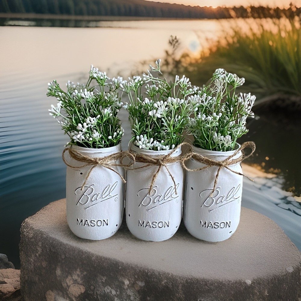 Set of 3 chalk painted distressed mason jar vases w/faux flowers included
