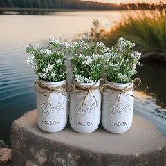Set of 3 chalk painted distressed mason jar vases w/faux flowers included
