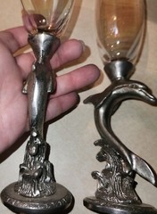 Dolphin Heart Wedding Toasting Glasses Champagne Flute Set Opal Glass pewter HTF