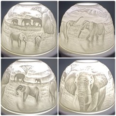 Porcelain Tealight Candle Holder Lithophane Dome 3-D Elephants Projection Images