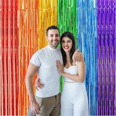 2 Pack Rainbow Foil Fringe Curtains, 3.3×6.6 Ft Metallic Tinsel Backdrop Part…
