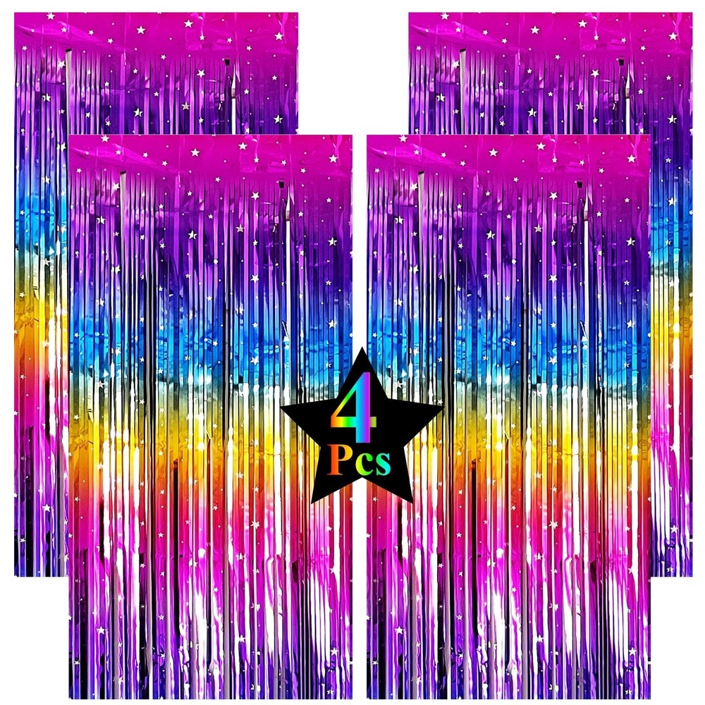 Pack of 4 Sparkly Neon Rainbow Foil Fringe Curtain Backdrop Metallic Streamer…