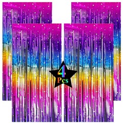 Pack of 4 Sparkly Neon Rainbow Foil Fringe Curtain Backdrop Metallic Streamer…