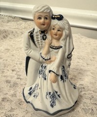 Vintage Porcelain Bride and Groom Figurine Cake Topper Blue White Gold Accent