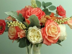 Silk Flower BRIDAL BOUQUET Coral Pink Peach and Green Roses, Poppy, Hydrangea
