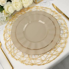 10 TAUPE 9″ Round PLASTIC Salad Dinner PLATES Gold Wavy Rim Wedding Party