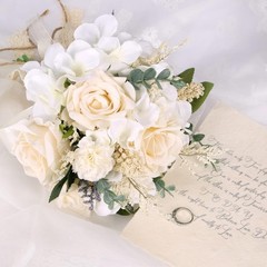 Elegant Artificial Wedding Bouquet with Champagne Roses & Hydrangeas – 7.5in