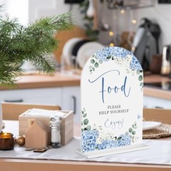 Blue Hydrangea Acrylic Wedding Sign, Bridal Shower Table Decorations, Food