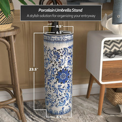 24″ Blue & White Extra Tall Waterproof Porcelain Entry Hallway Umbrella Stand