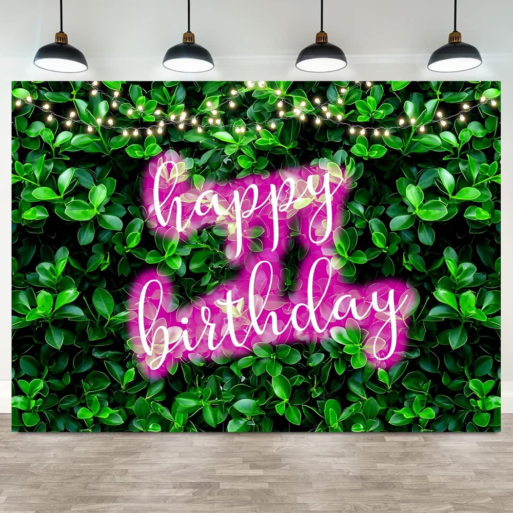 7x5ft Green Leaves Happy Birthday Decoration for Women Shiny Pink Neon Sign P…
