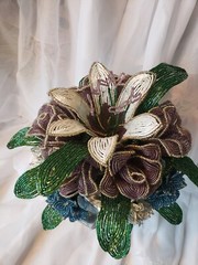Beaded Flower Wedding Bridal Bouquet W/White Blue Purple Handmade Flowers