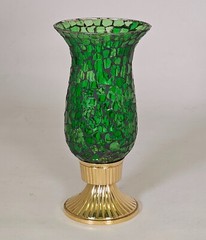 Candle Holder Brass with Green Mosaic Glass Shade 5″Dia 10″High Set of 2