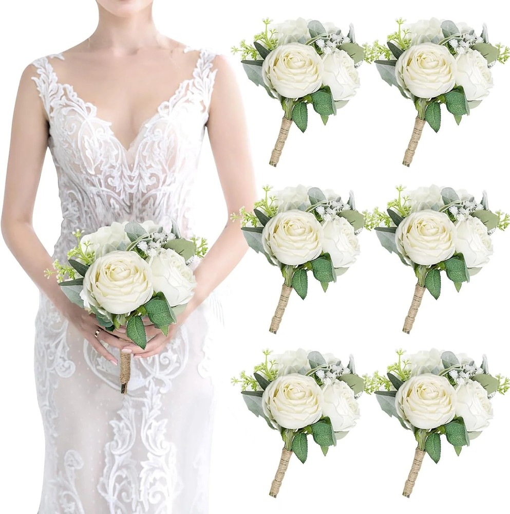 Bridesmaid Bouquets Set of 6 – Ivory White Artificial Flowers Bouquet for Brides