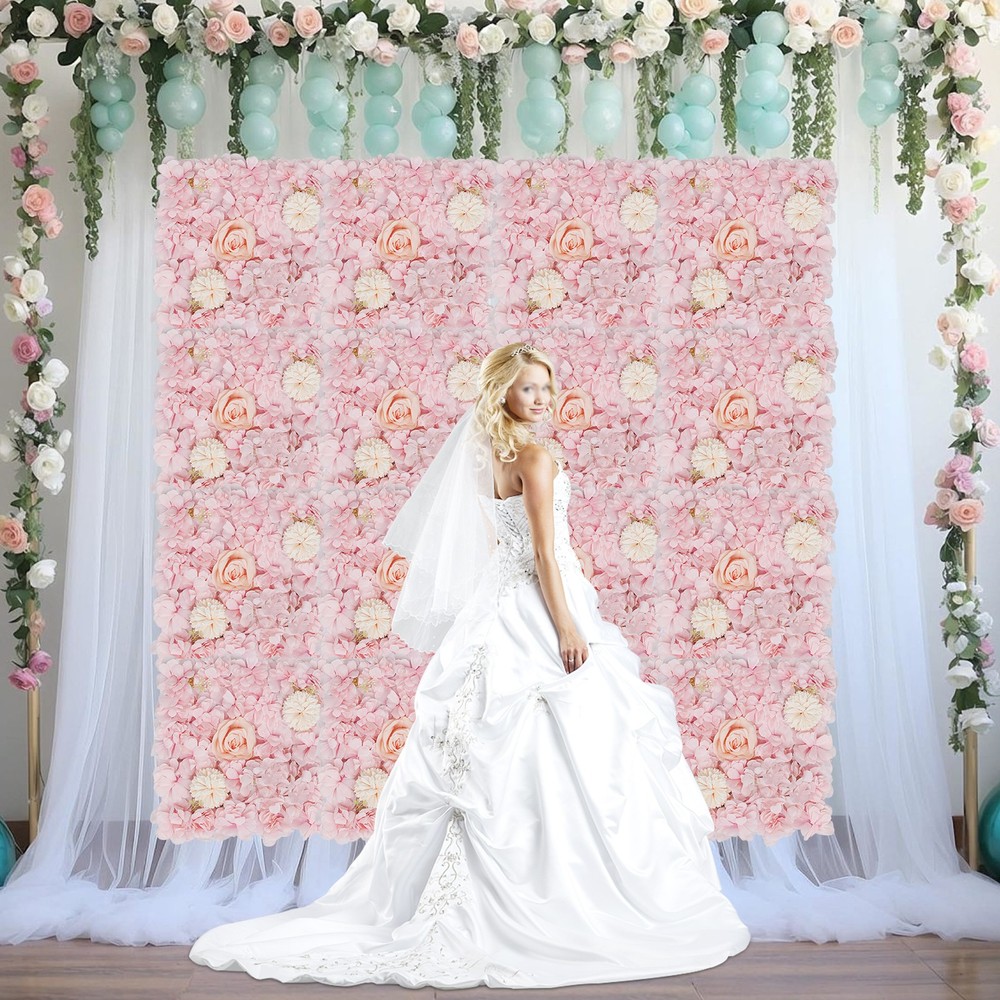 Light Pink Silk & Plastic Flower Wall Panels 16-Pack 35 × 35 cm Backdrop