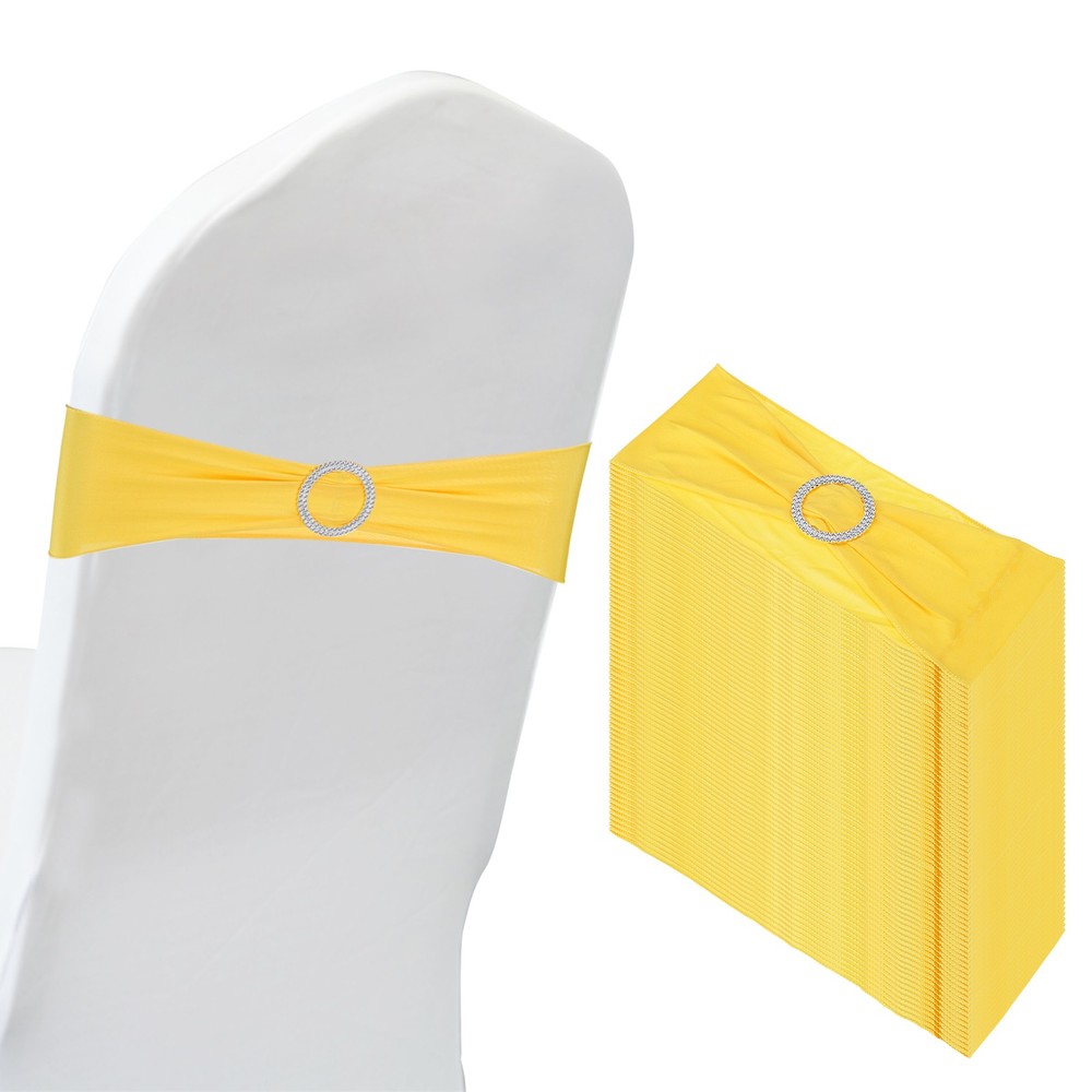 50Pcs 14″x5″ Stretch Chair Sashes Bows Chair Bands Sash with Buckle, Yellow