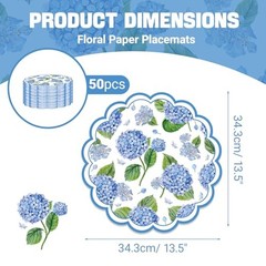 50 PCS Paper Placemats – 13.5 Inch Floral – Blue Hydrangea – Disposable
