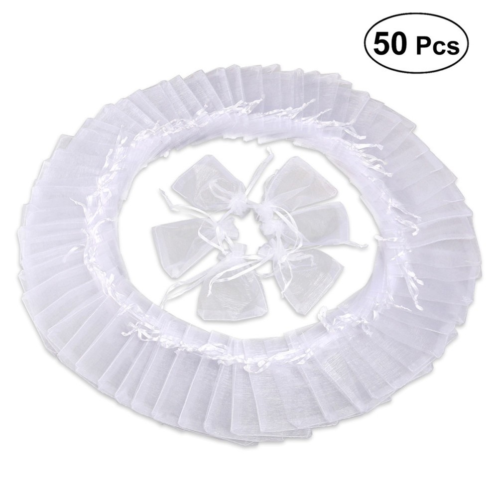 50Pcs Reusable Organza Drawstring Bags White for Wedding Gift and Jewellery Use