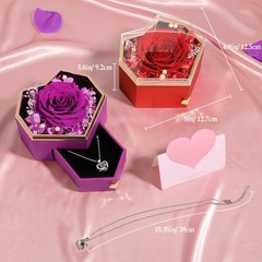 Emibele 5×4.9×3.6 inches, Purple Rose Heart Box + Silver Necklace