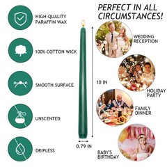 Set of 8 10 Inch Tall Green Taper Candles, Dripless Unscented 8 Packs,