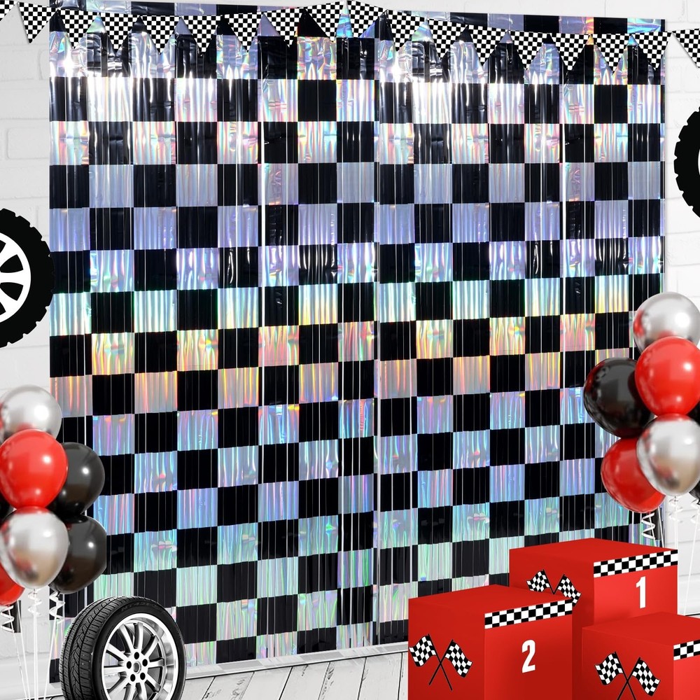 4 Pack 3.3Ft x 6.6Ft Race Car Checkered Foil Fringe Curtain Backdrop Decorati…