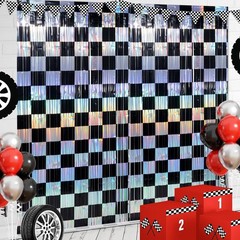 4 Pack 3.3Ft x 6.6Ft Race Car Checkered Foil Fringe Curtain Backdrop Decorati…