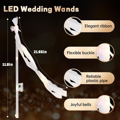 100PCS Light up Wedding Wands with Ribbons & Bells, Romantic 100 PCS, White
