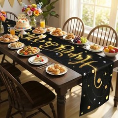 Black Gold Happy Birthday Table Runner, 72×13 in Happy Birthday Table
