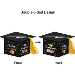 2026 Graduation Party Card Box, Black Gold Congrats Cap Card Holder Box with Tas