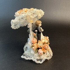 Vtg 1950’s Wedding Cake Topper Bride & Groom Ceramic 8” Blonde USA Lace Peach