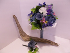 Denim Bridal Bouquet Roses w Spring Flowers & Denim Rose Corsage Country Wedding