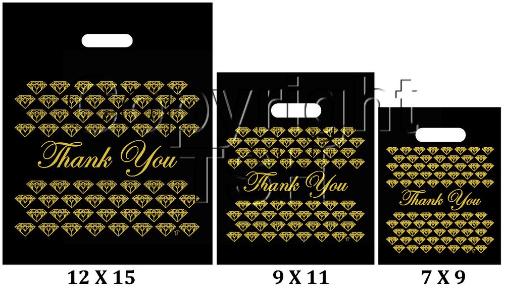 BLACK & GOLD PLASTIC BAGS STORE BAGS JEWELRY BAGS » Thank You » LOT OF 100