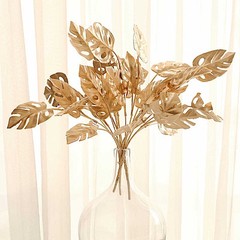 4 GOLD Metallic Artificial Monstera Leaves Bushes Party Events Decorations