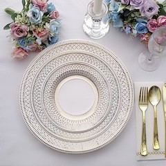 25 White Gold 10″ Porcelain Design Round Paper Plates Party Events Decorations