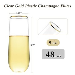 Pack 9 oz Stemless Plastic Champagne Flutes, Clear Disposable 48 Gold Rim