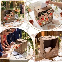 Brown Wedding Card Box Wooden Wave Flower Trough Money Gift Box Reception