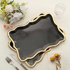 BLACK 10 Rectangle 14″ Paper SERVING TRAYS Scroll Design Gold Rim Party Events