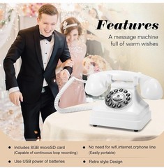 Audio Guestbook Vintage Retro Rotary-Style Phone Color White Message Voicemail