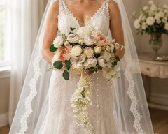 Cascading Wedding Bouquet for Bride, Blush Ivory Silk Flower Pearl Crystal