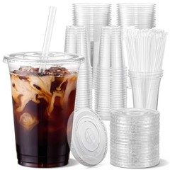 [100 Sets – 16oz] Clear Plastic Cups with Lids and Straws, Disposable 16 OZ